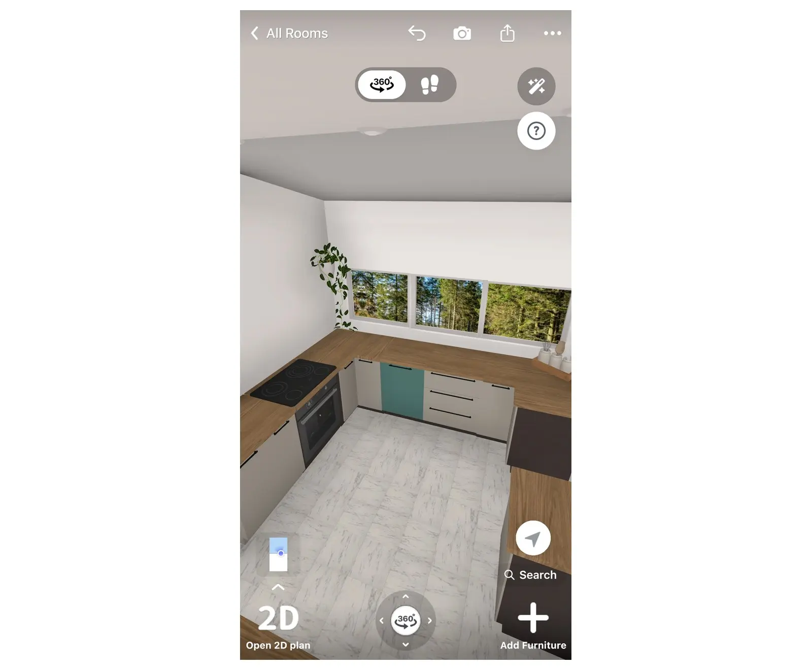 U-shaped run of base kitchen cabinets along three walls, seen from above in the Home Planner 3D view