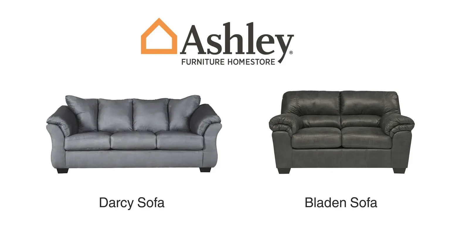 Ashley Furniture logo above the grey Darcy sofa and dark Bladen sofa