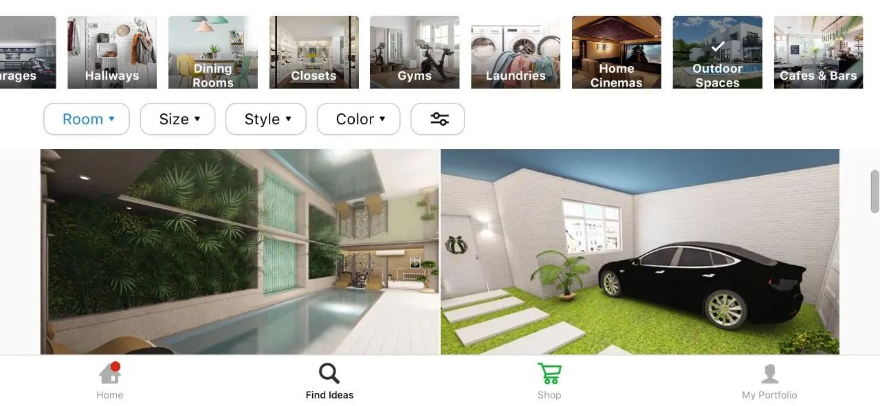 Home Planner Find Ideas screen with new room types such as closets, gyms and outdoor spaces