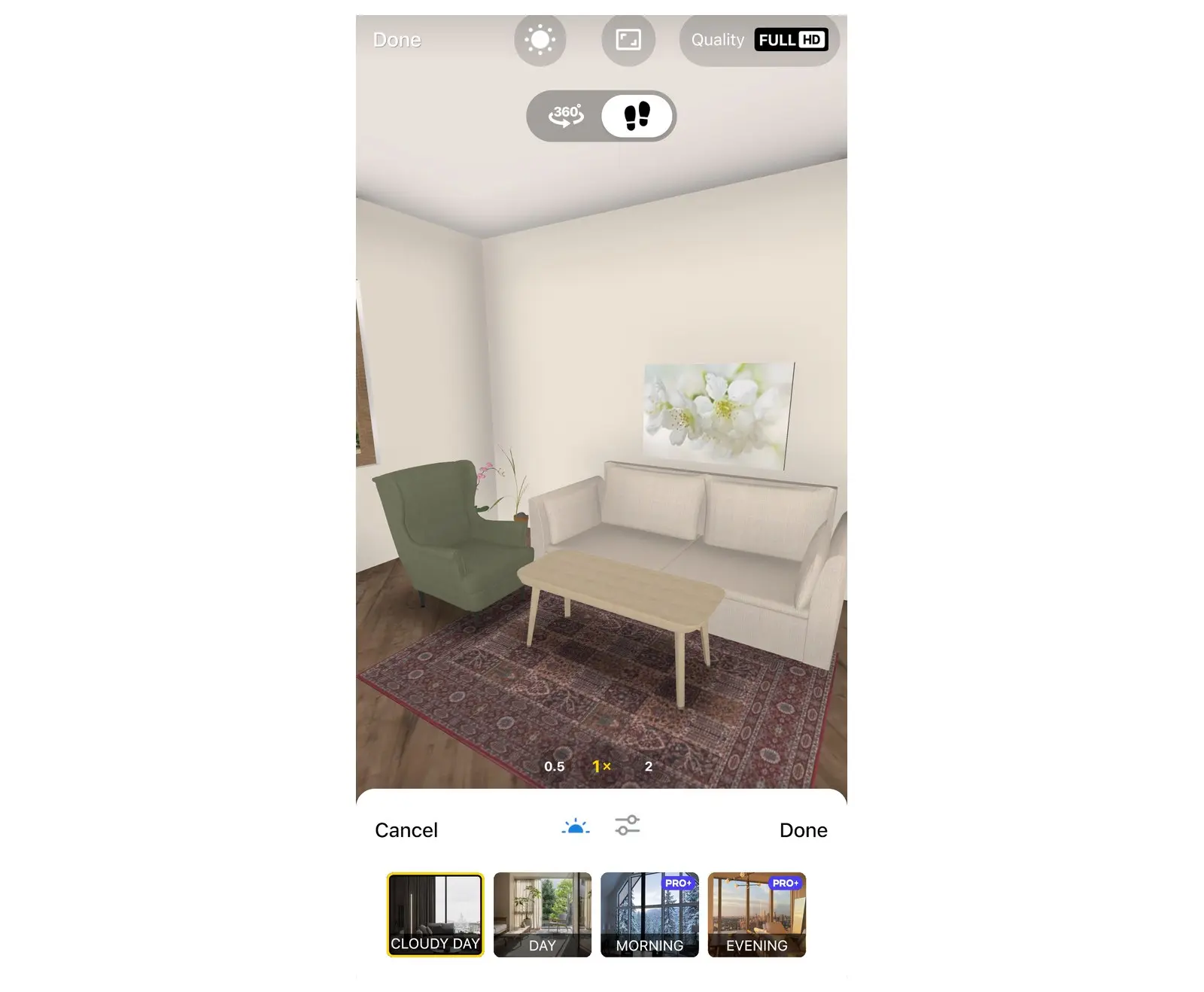 Home Planner light modes on a phone: Cloudy Day, Day, and Morning and Evening with a PRO+ label