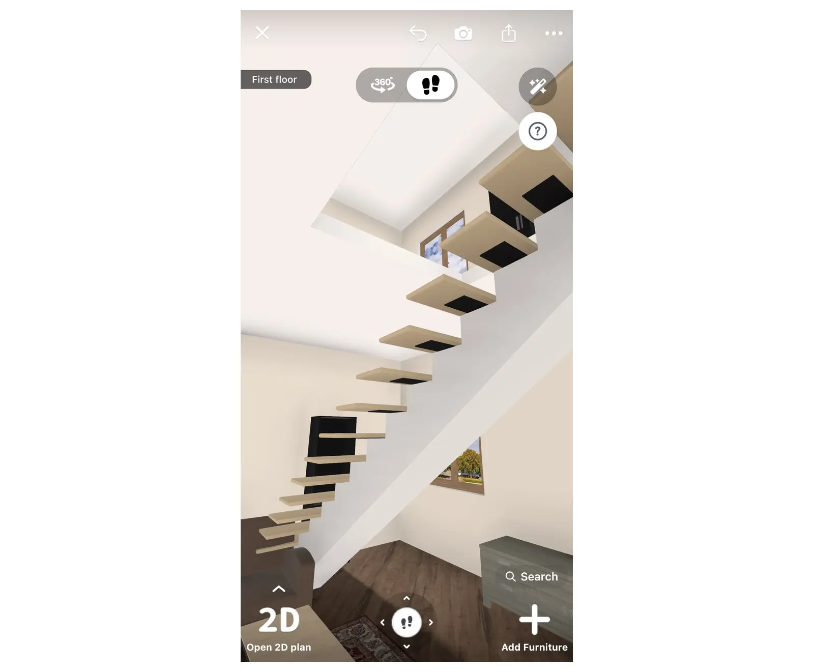 Home Planner 3D view from the lower floor up the stairs into the stair opening of the upper floor