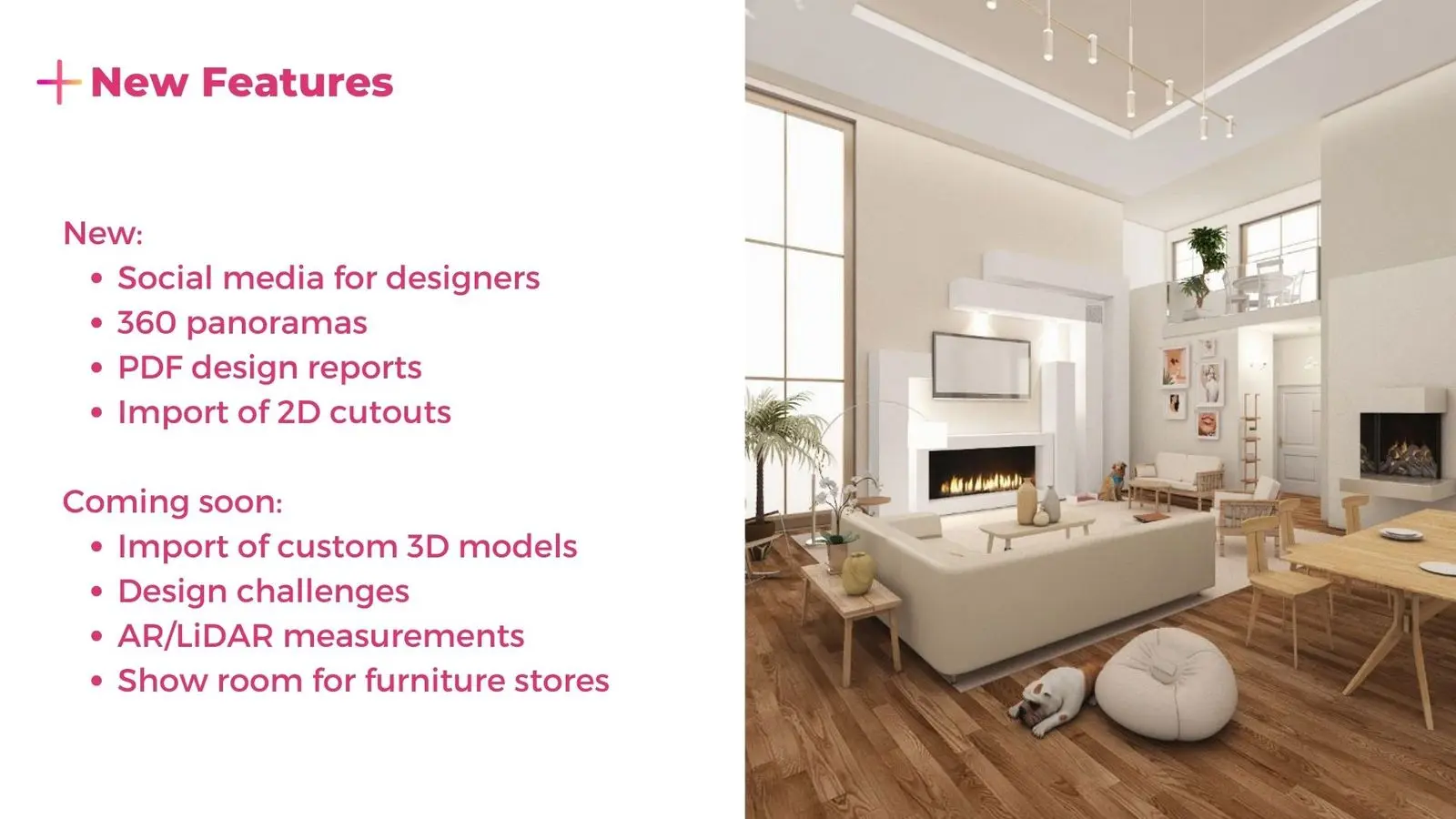 New features slide listing 360 panoramas, PDF reports and planned 3D import
