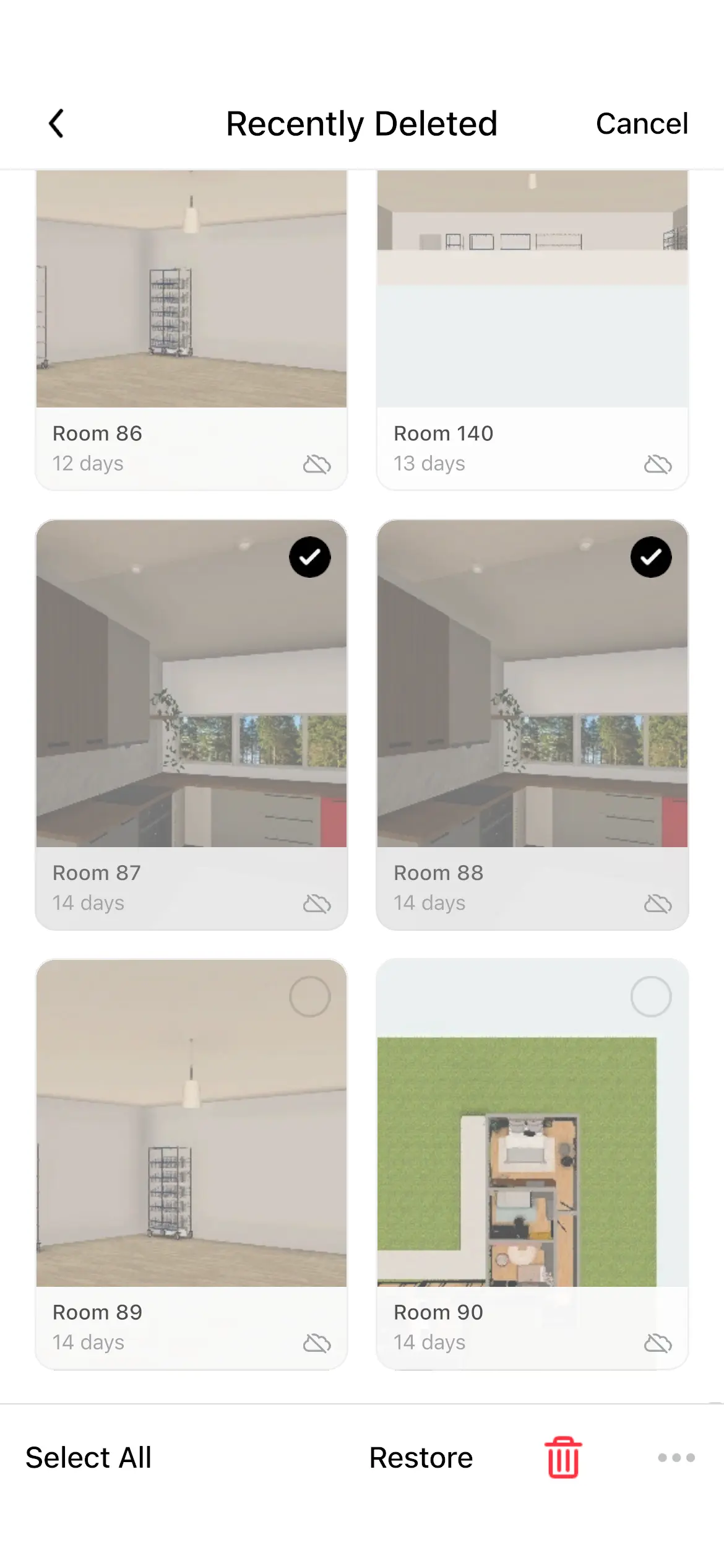 Recently deleted in Home Planner with two designs selected and the Restore button