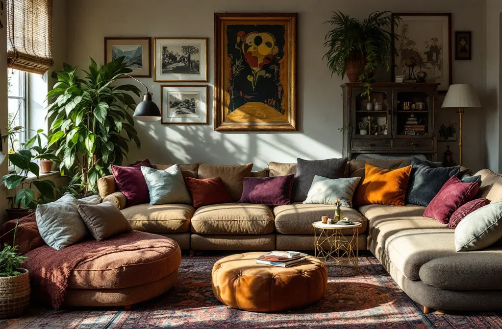 Eclectic living room with a curved sofa, colourful cushions and a gallery wall