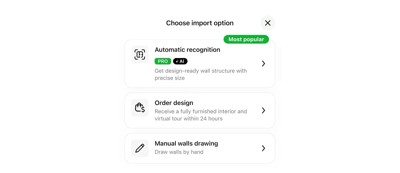 Choose import option window in Home Planner: Automatic recognition, Order design and Manual walls drawing