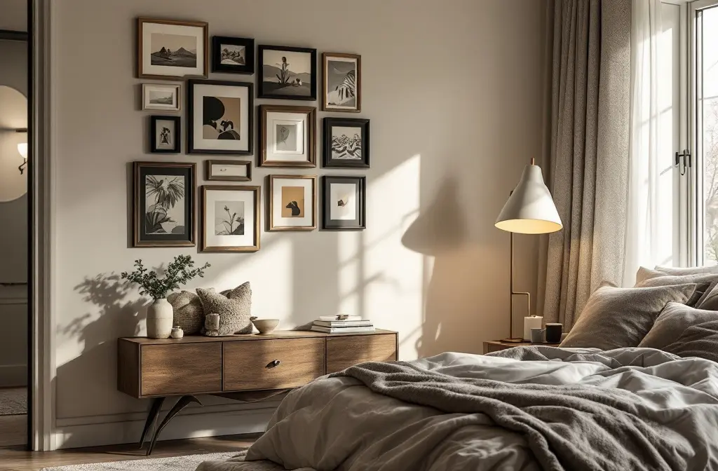 Bedroom corner with a gallery wall of black frames above a wooden console