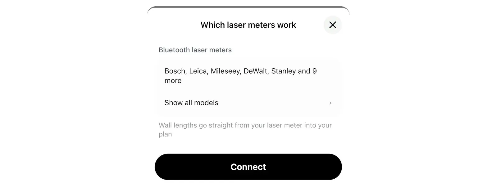 Home Planner screen Which laser meters work, with the list of Bluetooth® laser meter makers