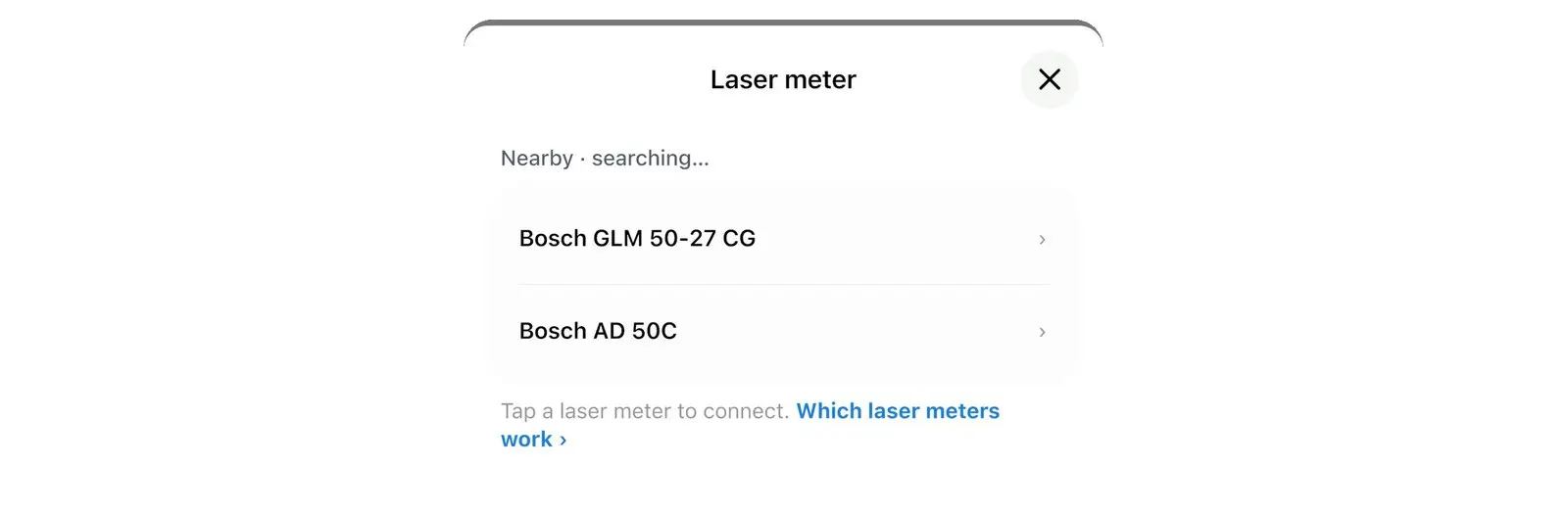 Laser meter screen in Home Planner listing laser measures found nearby (example screen)