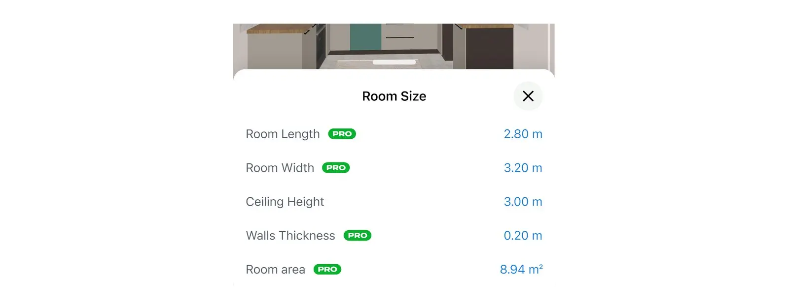 Home Planner 中厨房的“房间大小”窗口：室内净高为 3.00 m 且没有 PRO 标志，而房间长度、房间宽度、墙壁厚度和房间面积均带有 PRO 标志