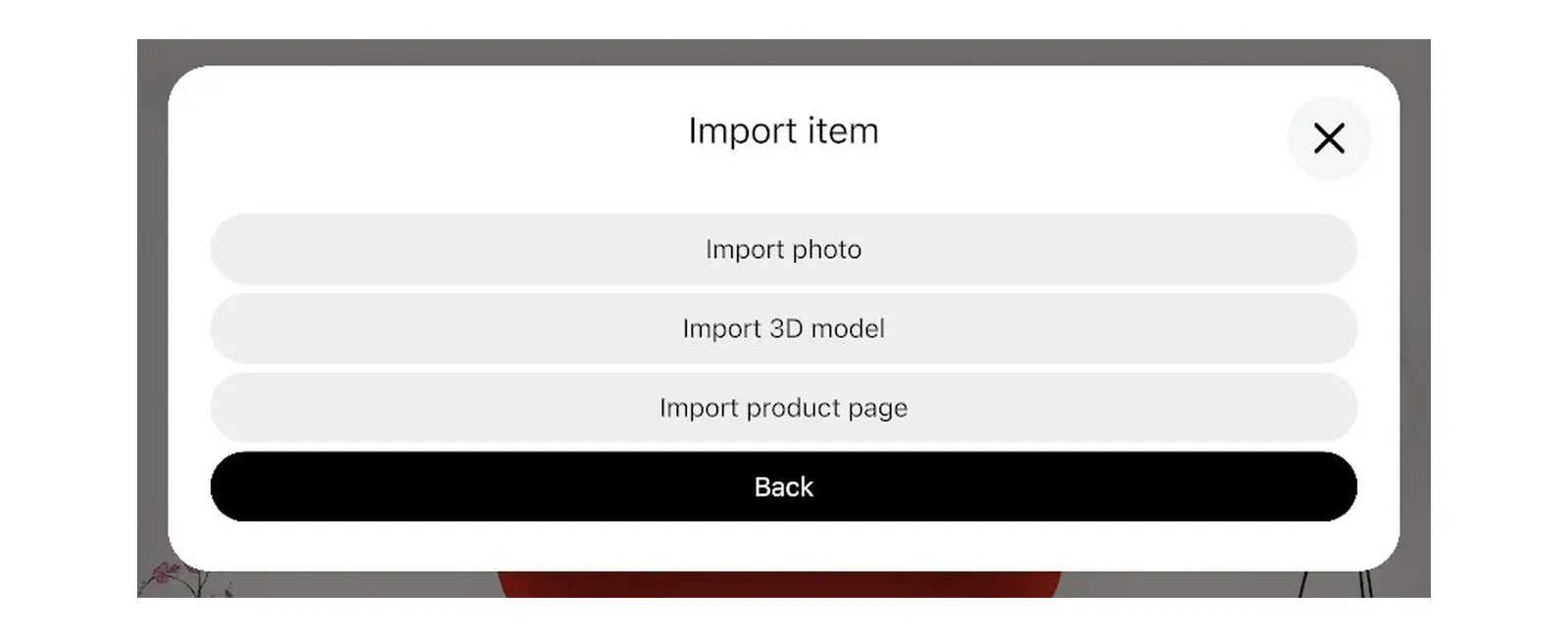 Home Planner Import item window with Import photo, Import 3D model and Import product page