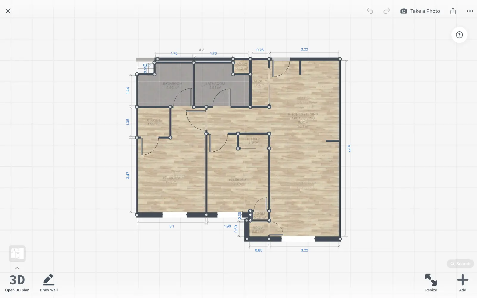 Floor plan recognized from an image in the Home Planner 2D editor, with walls, doors, windows and room sizes