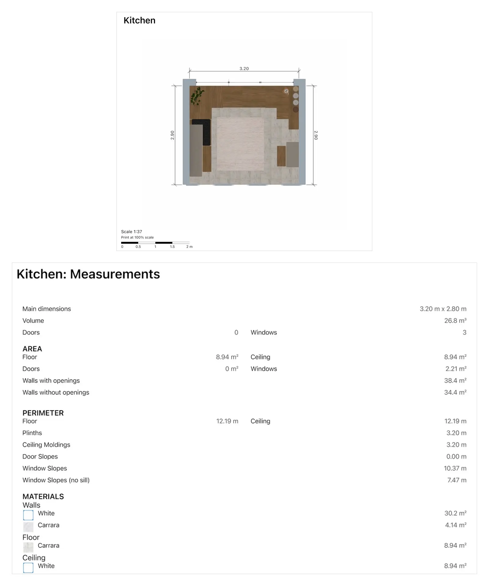 Two pages of a Home Planner PDF report: the colored Kitchen plan with wall sizes and the Kitchen Measurements table
