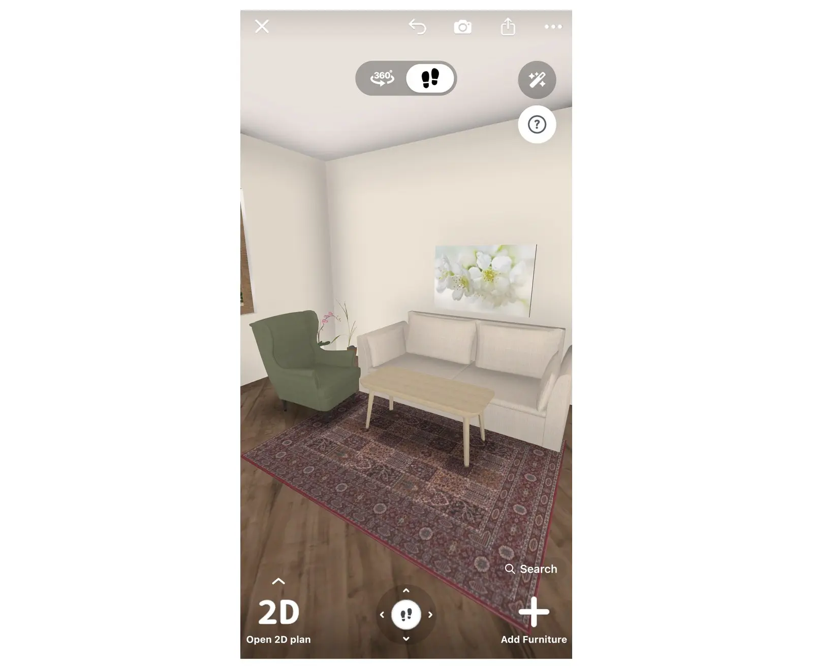 Home Planner 3D view of a living room with furniture and wall and floor materials