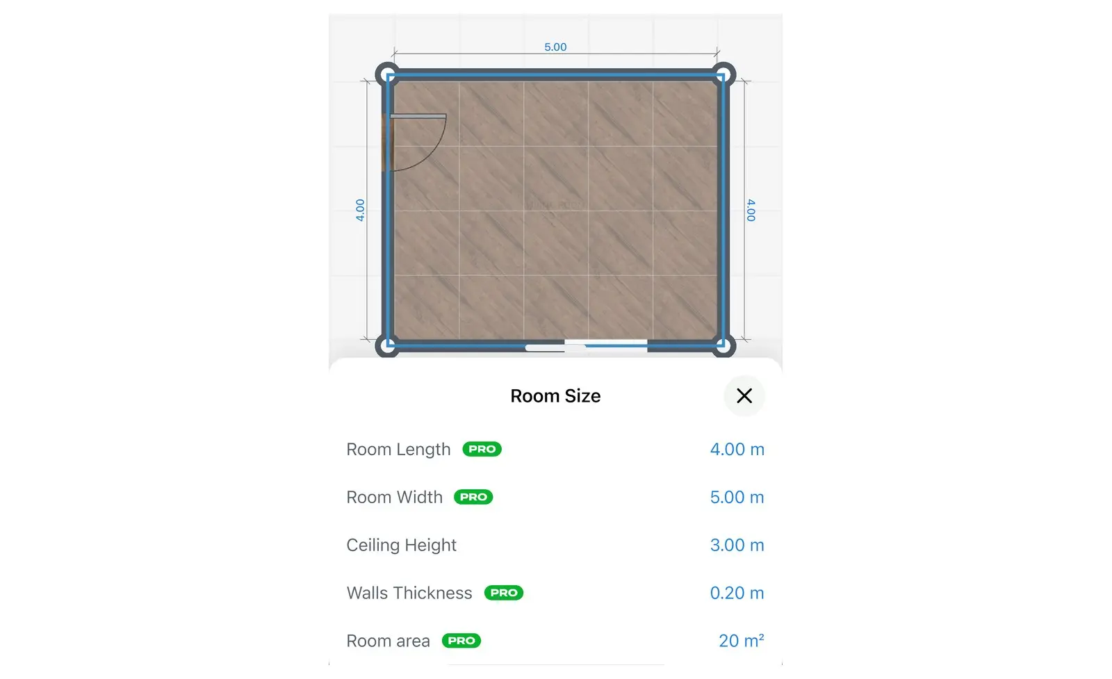 Room Size panel in Home Planner with Room Length, Room Width and Ceiling Height