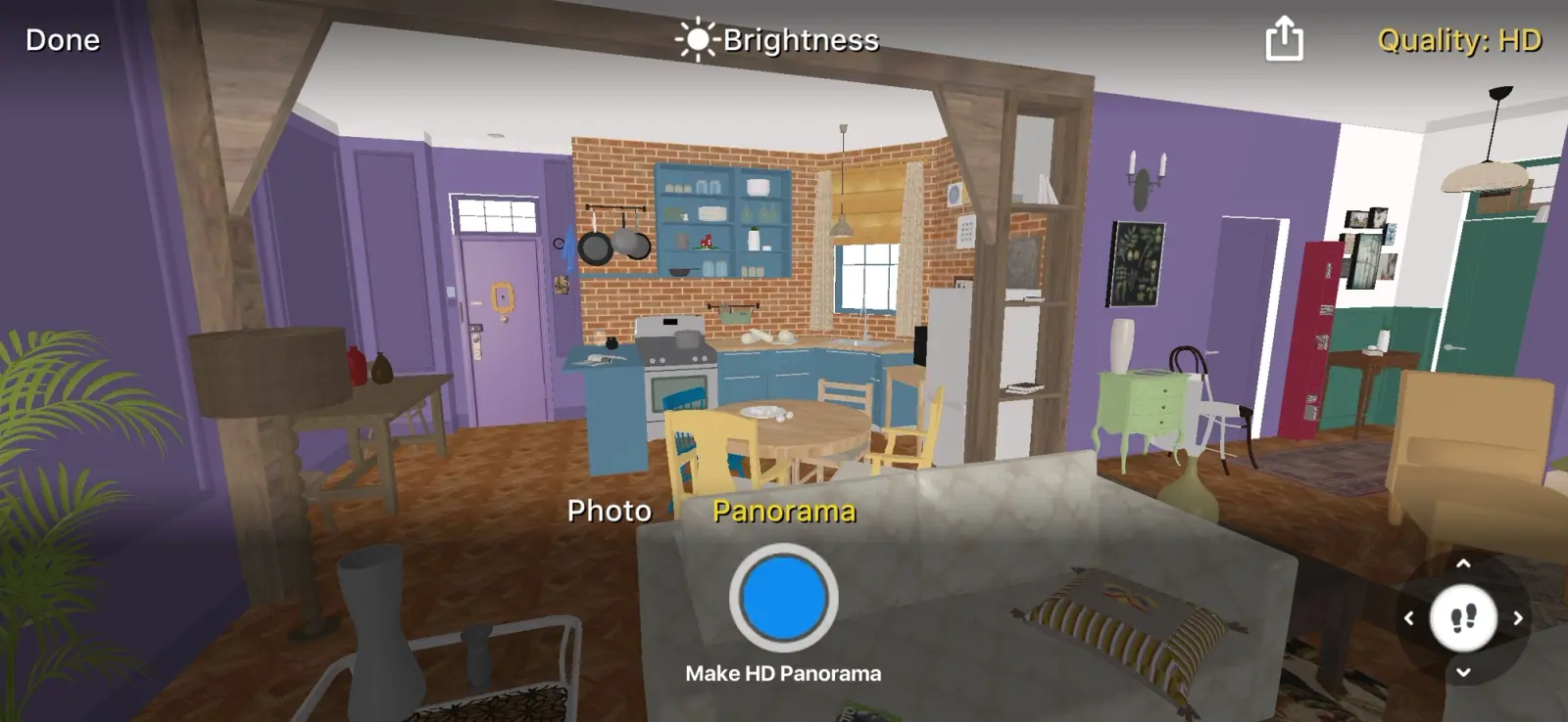 Home Planner Photo mode with Panorama selected in a furnished purple-walled apartment