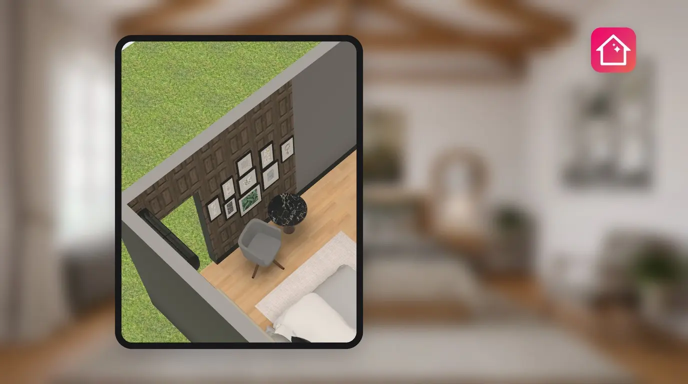 A phone showing a 3D room in Home Planner with wood wall panels on one wall