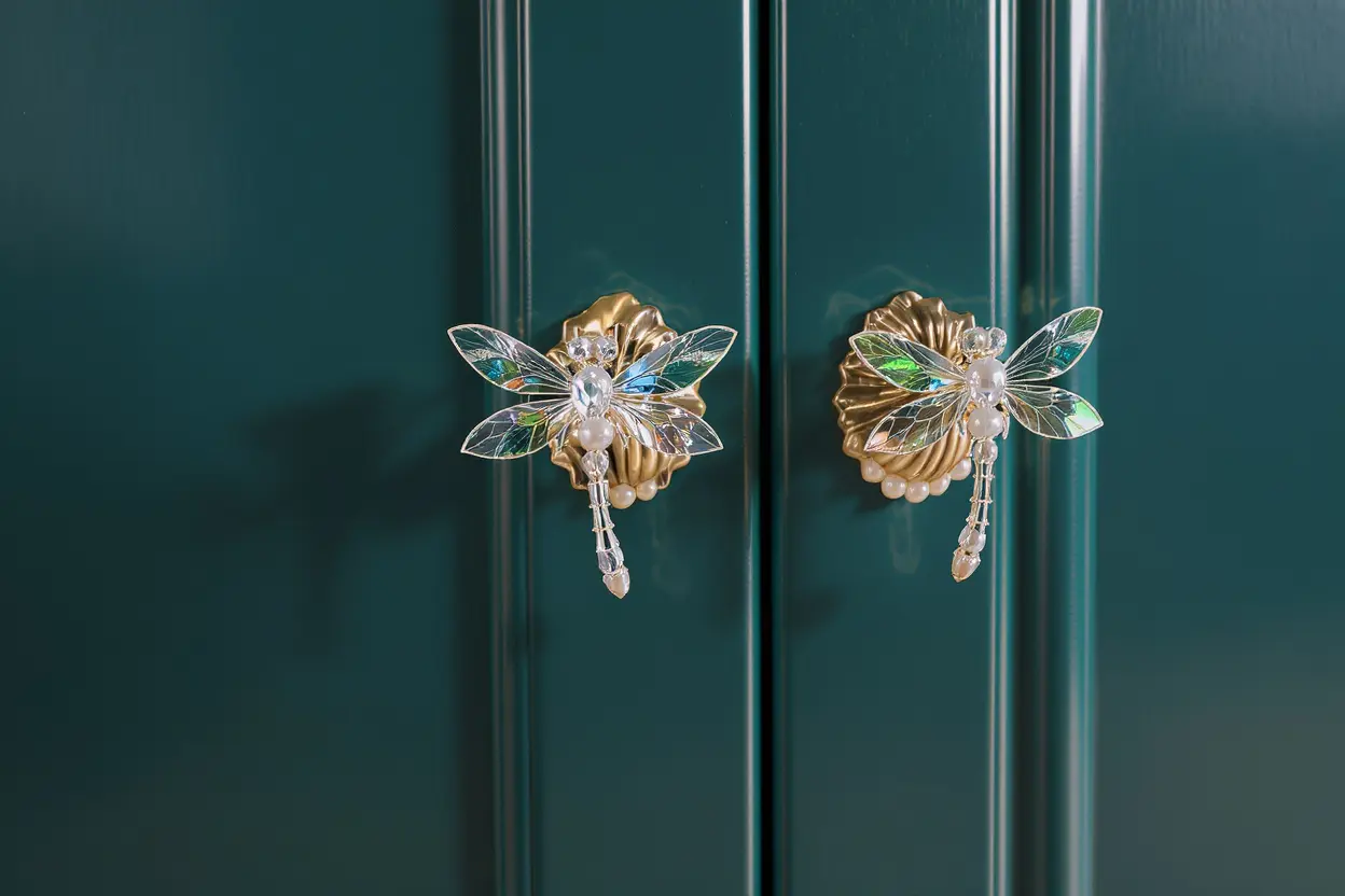 Crystal dragonfly drawer pulls on dark green cabinet doors