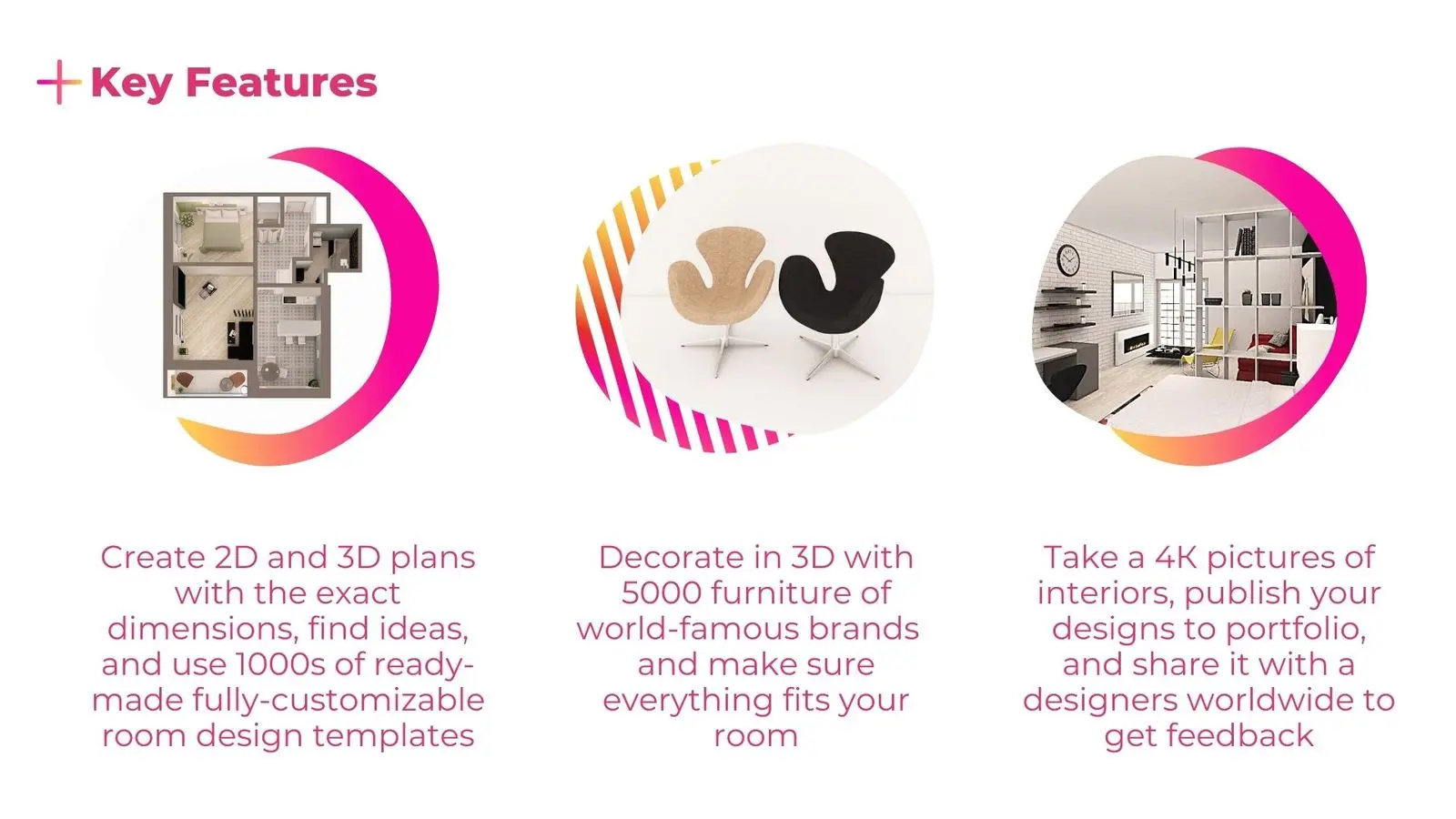 Key features slide: 2D and 3D plans, branded furniture and 4K renders