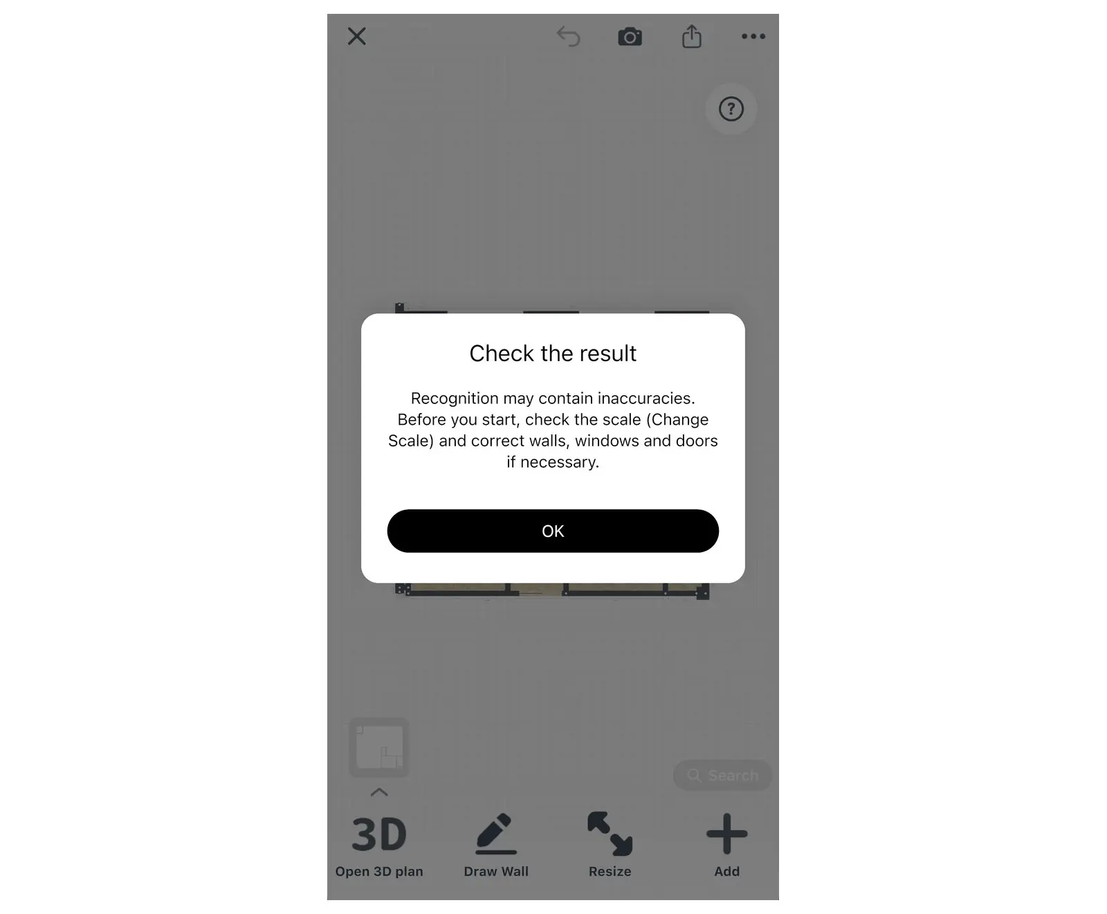 Check the result message in Home Planner over a recognized floor plan