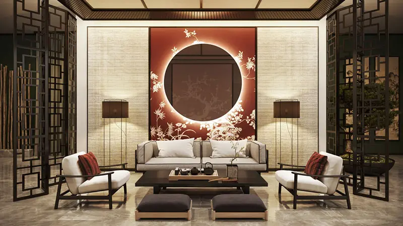 Asian-style living room with lattice screens and a round backlit wall panel