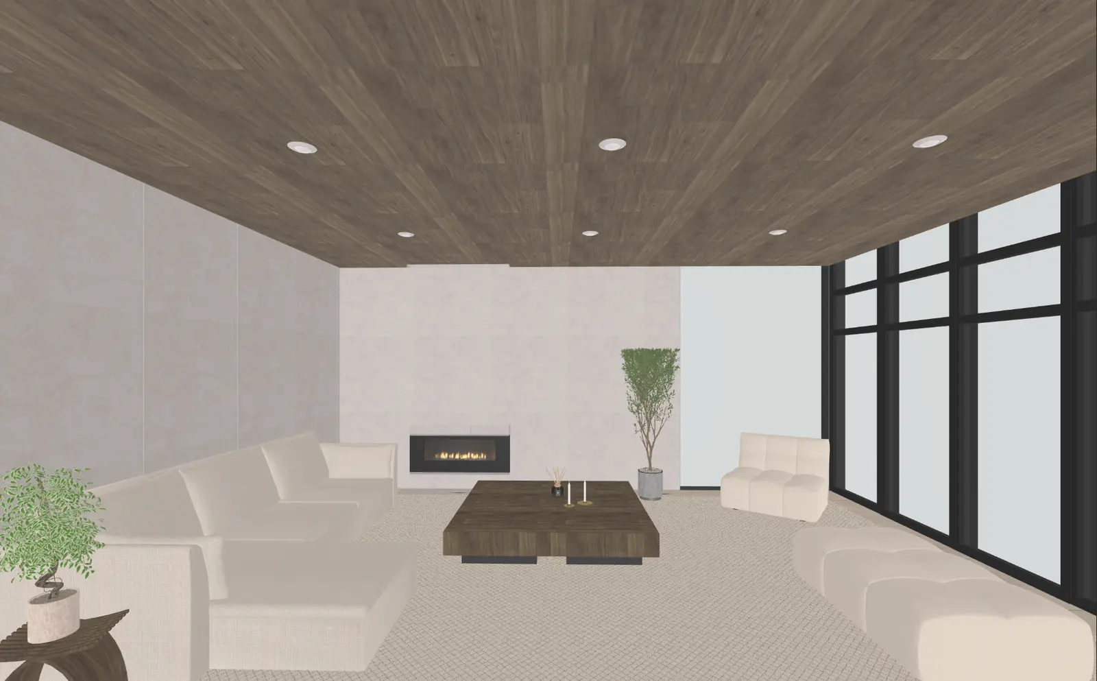 Home Planner editor screenshot of a white living room with a wooden ceiling