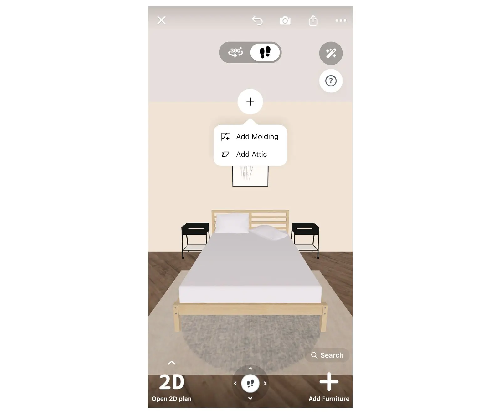 Vista 3D di Home Planner della parete di una camera da letto con il pulsante più in cima alla parete e il relativo menu: Aggiungi modanatura e Aggiungi mansarda