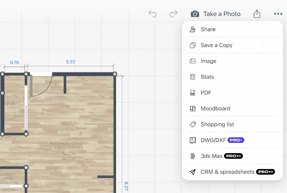 Home Planner share menu with the DWG/DXF item and the PRO+ badge