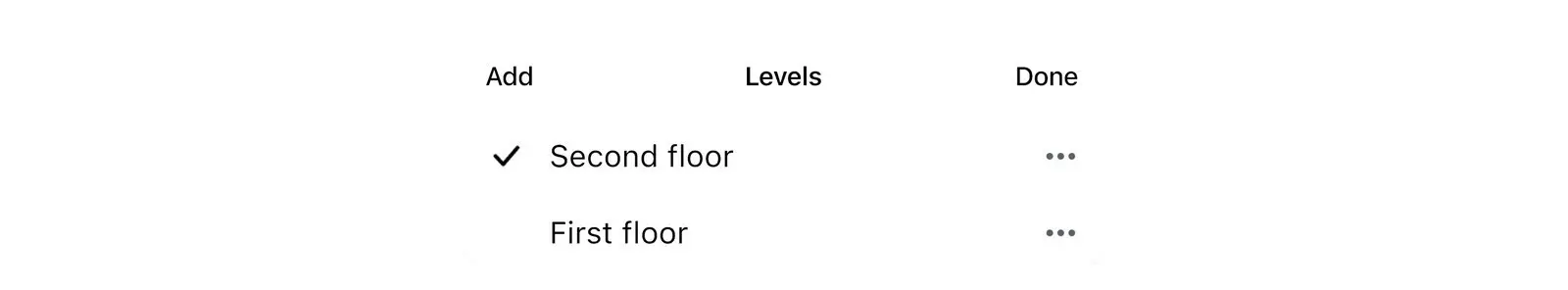 Levels list in Home Planner with Second floor and First floor and the Add button