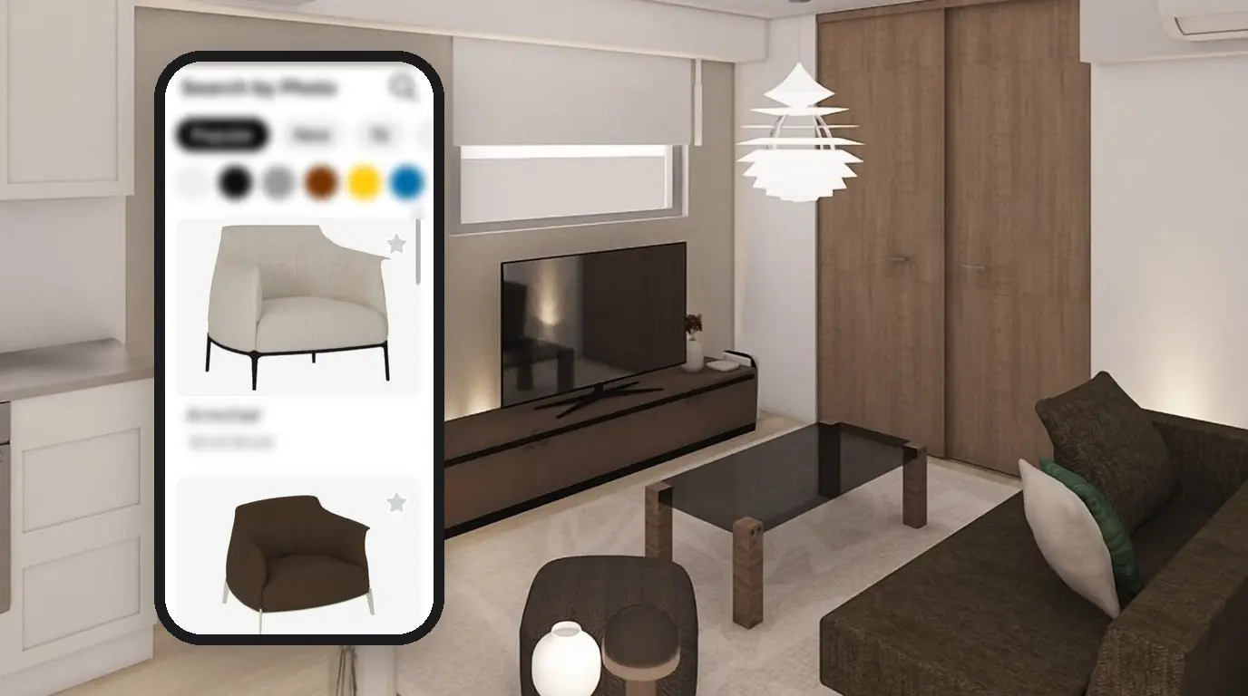 A phone showing armchairs found by photo in Home Planner, next to a bright living room with a sofa and a coffee table.