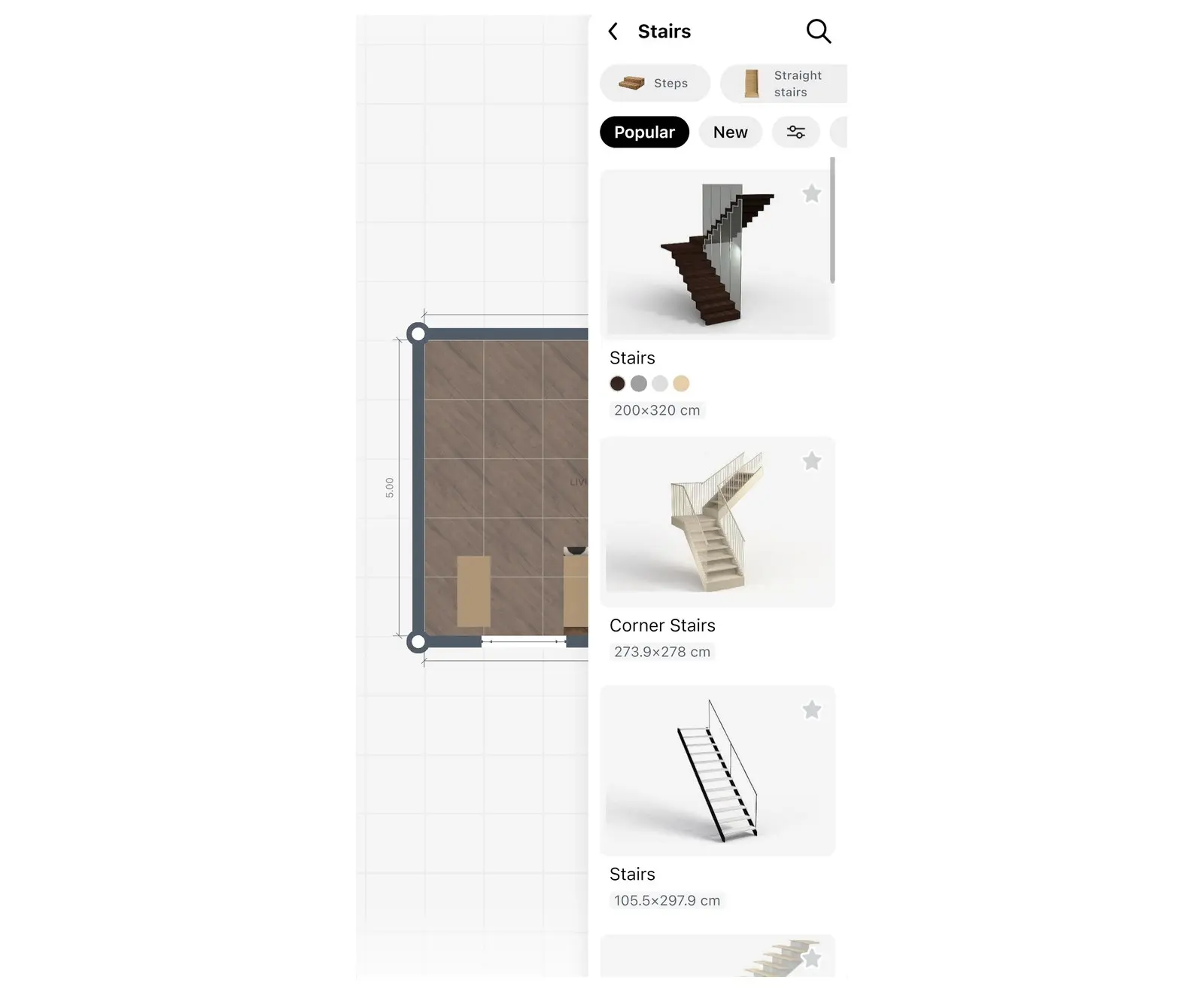 Stairs section of the Home Planner catalog with the Steps and Straight stairs filters and stair models