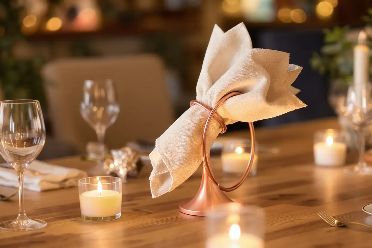 Copper ring napkin holder with a linen napkin on a candlelit dining table