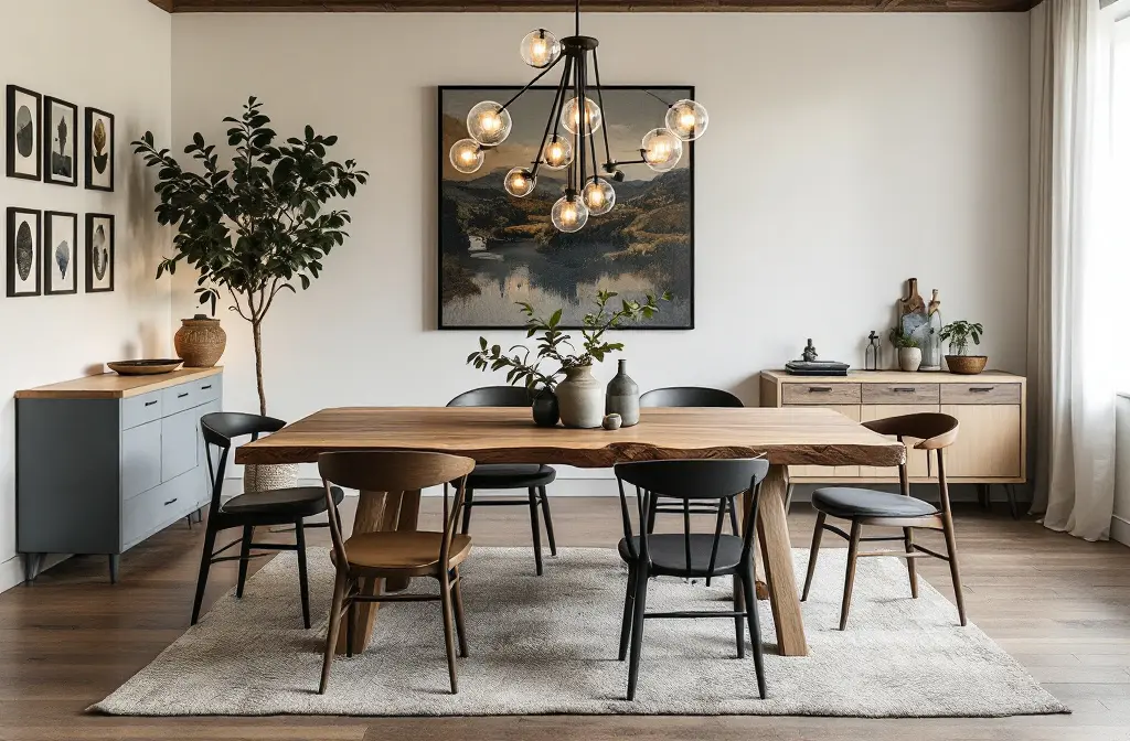 Dining room with a wooden table, mismatched chairs and a globe chandelier