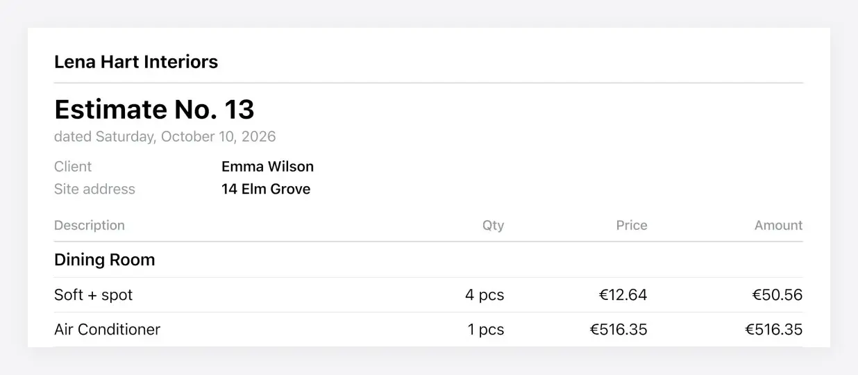 Top of the client estimate page in a Home Planner PDF: company name, Estimate No. 13, the client and site address, and the first rows with quantity, price and amount
