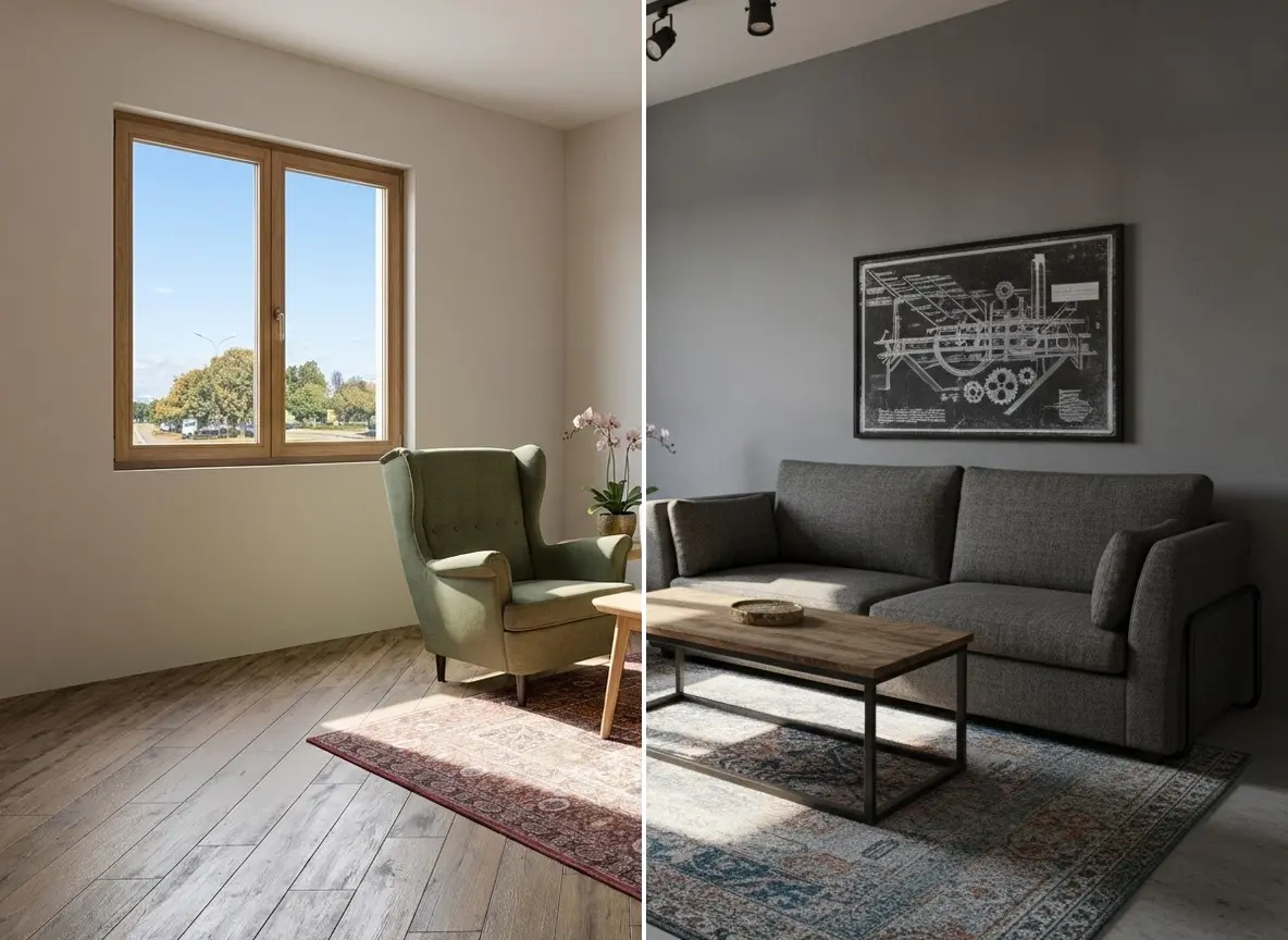 Before and after: a room concept redesigned with AI in Home Planner