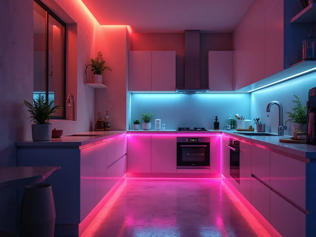 Modern kitchen lit by pink and blue LED strips under cabinets and along the floor