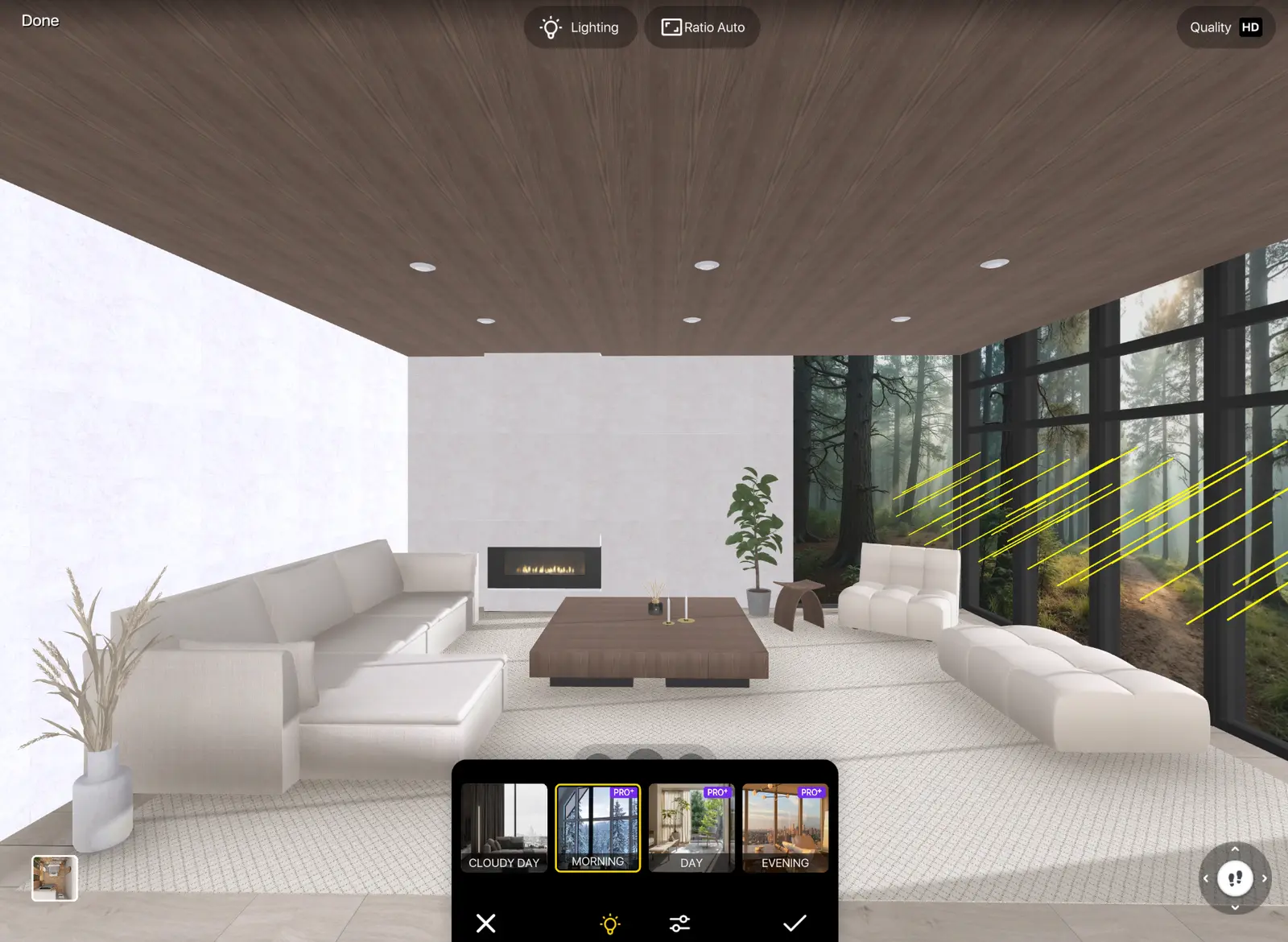 Home Planner lighting presets panel open over a living room with forest views