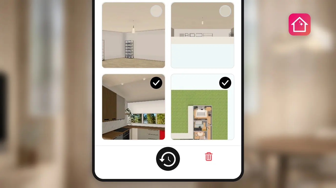 A phone showing Recently deleted in Home Planner with two designs selected and the Restore button