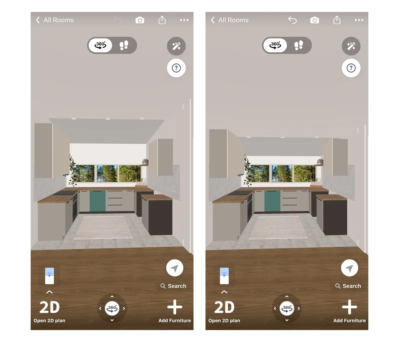 Home Planner 3D 视图中同一个 U 型厨房的前后对比:天花板高度从 3.00 m(左)降至 2.50 m(右),窗户上方的墙面变窄,窗户和橱柜位置保持不变