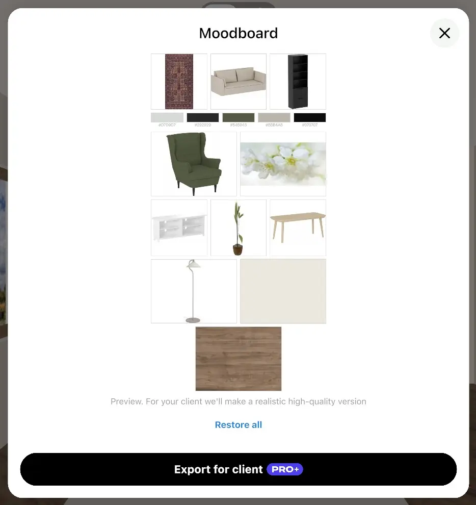 Moodboard window in Home Planner after one item was removed, with the Restore all link under the collage