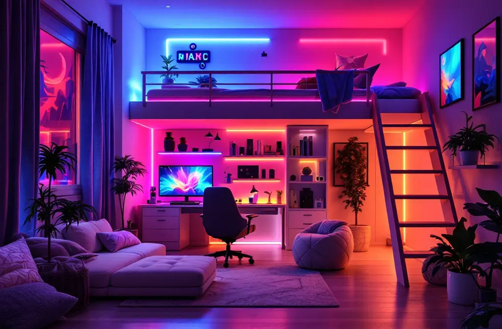 Neon-lit teen room with a loft bed, a gaming desk underneath and a lounge sofa