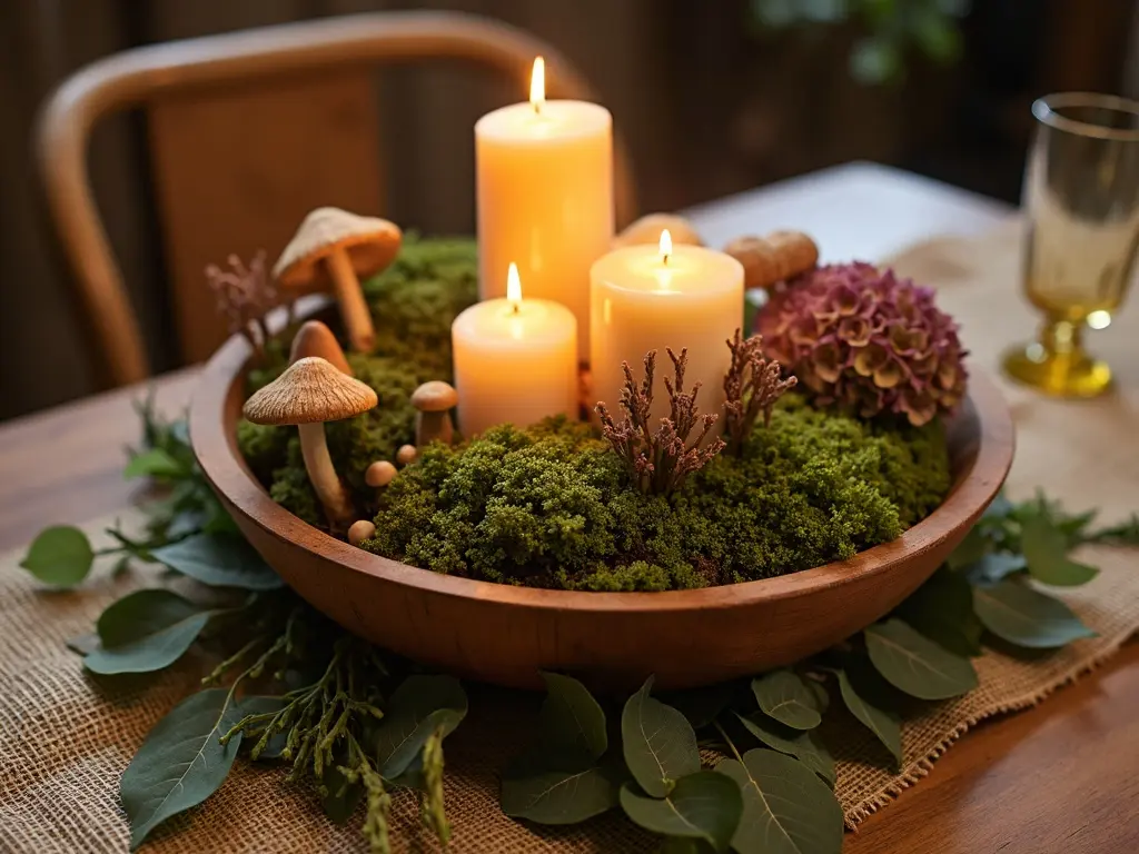 Centro de mesa en tazón de madera con musgo, hongos, hortensias secas y tres velas encendidas