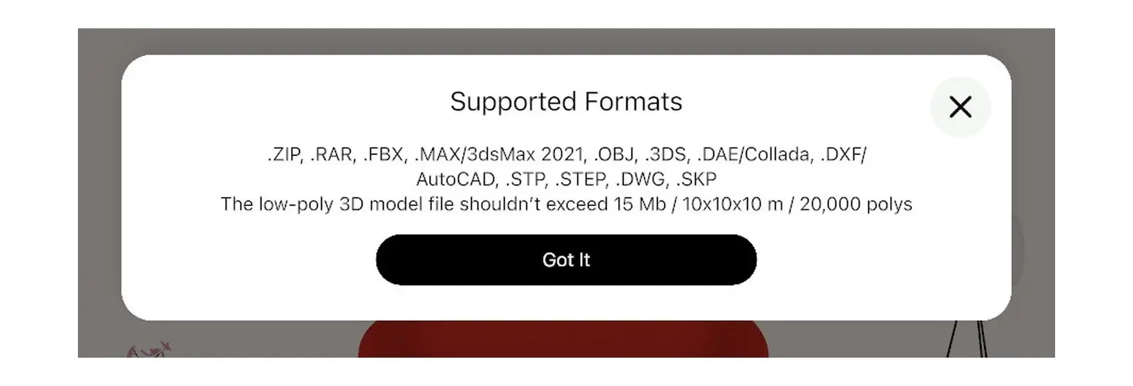 Home Planner Supported Formats message with the list of 3D file formats and the Got It button