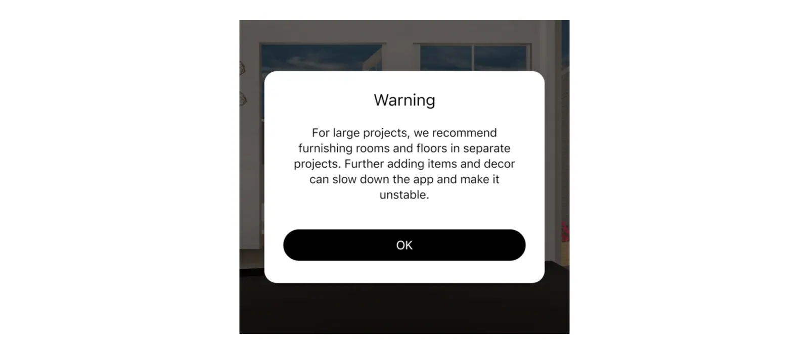 Home Planner warning that recommends furnishing rooms and floors in separate projects
