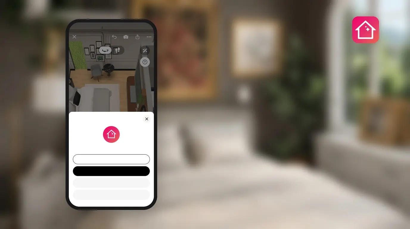 A phone showing the Home Planner sign-in window over a 3D room