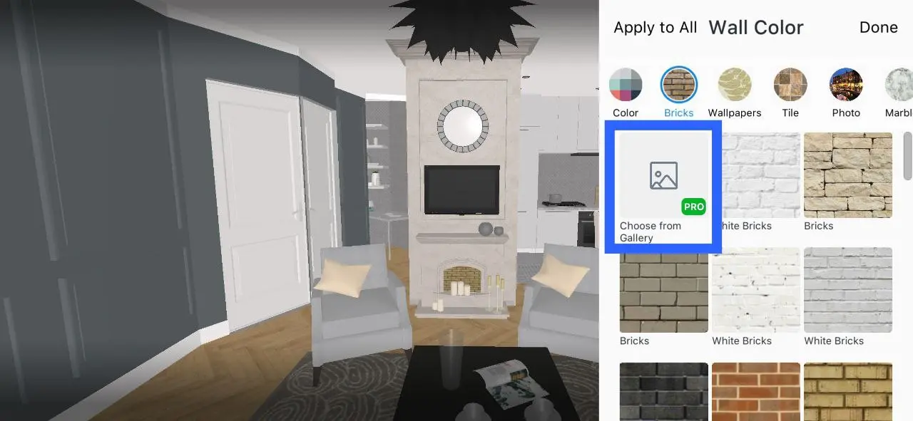 Choose from Gallery button highlighted in the wall texture menu