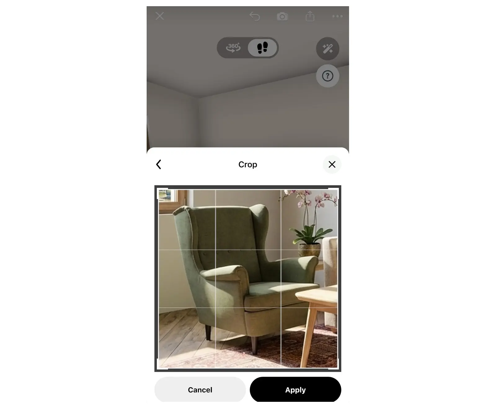 Crop screen in Home Planner with a crop frame around one armchair and the Cancel and Apply buttons
