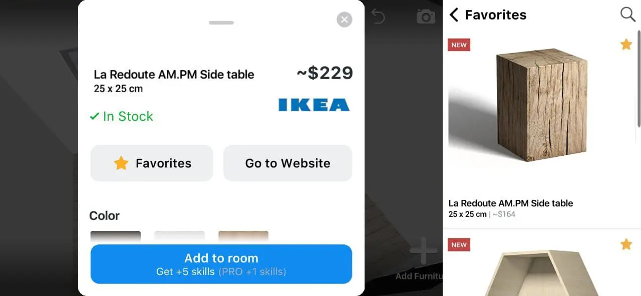 Product card with Favorites and Go to Website buttons next to the Favorites list
