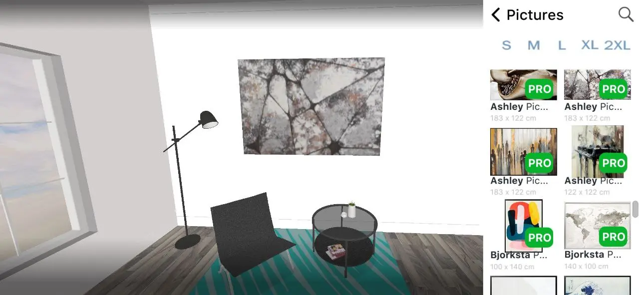 Pictures catalogue in the app with framed art placed on a 3D wall