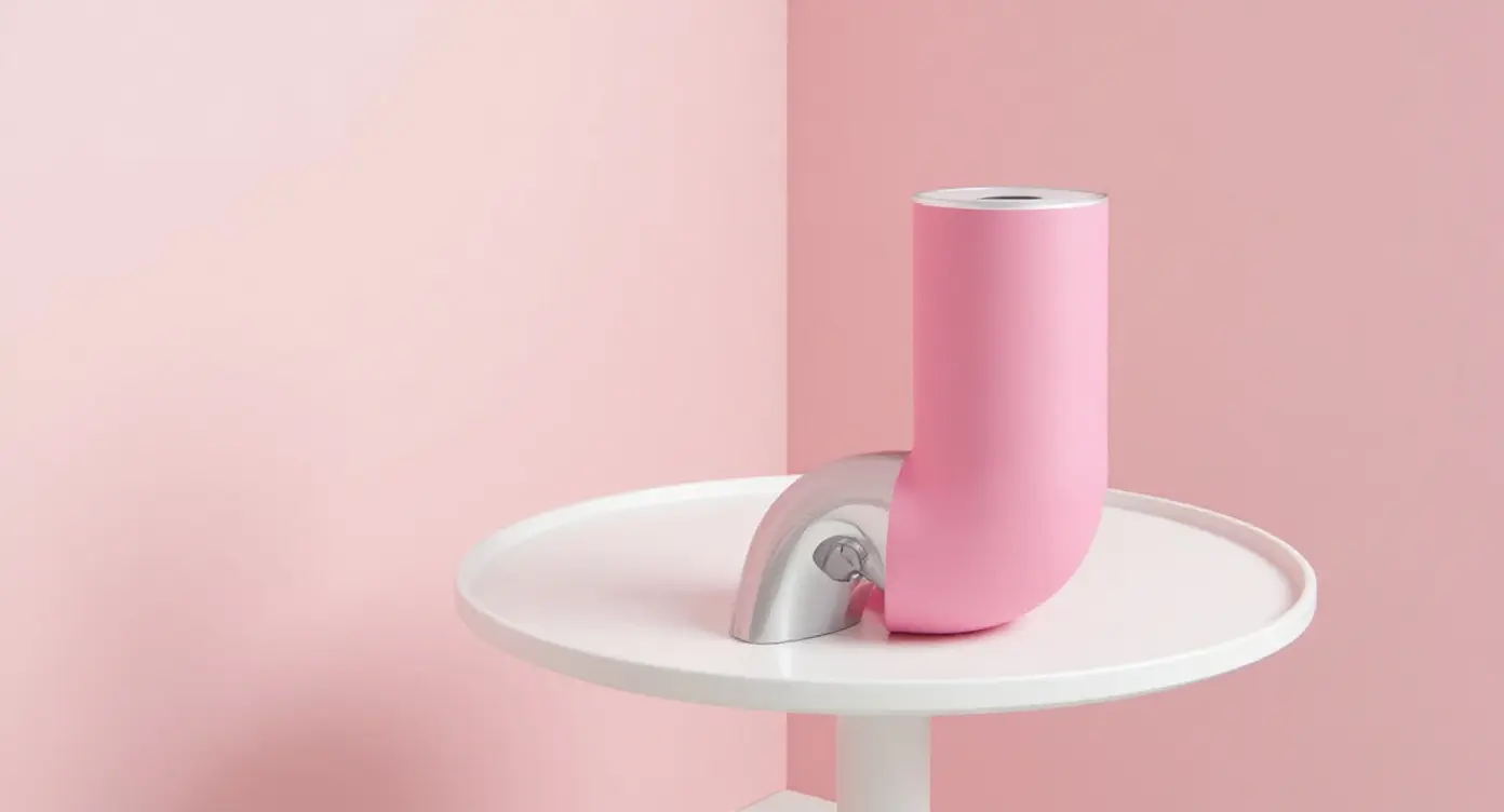 Small pink scent diffuser device on a round white side table