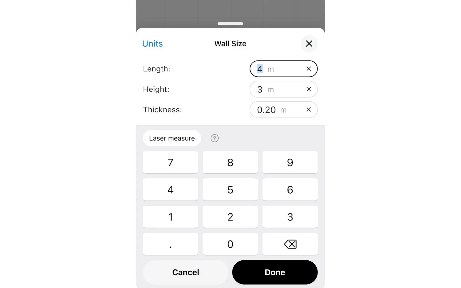 Wall Size keypad in Home Planner with the Laser measure button above the keys